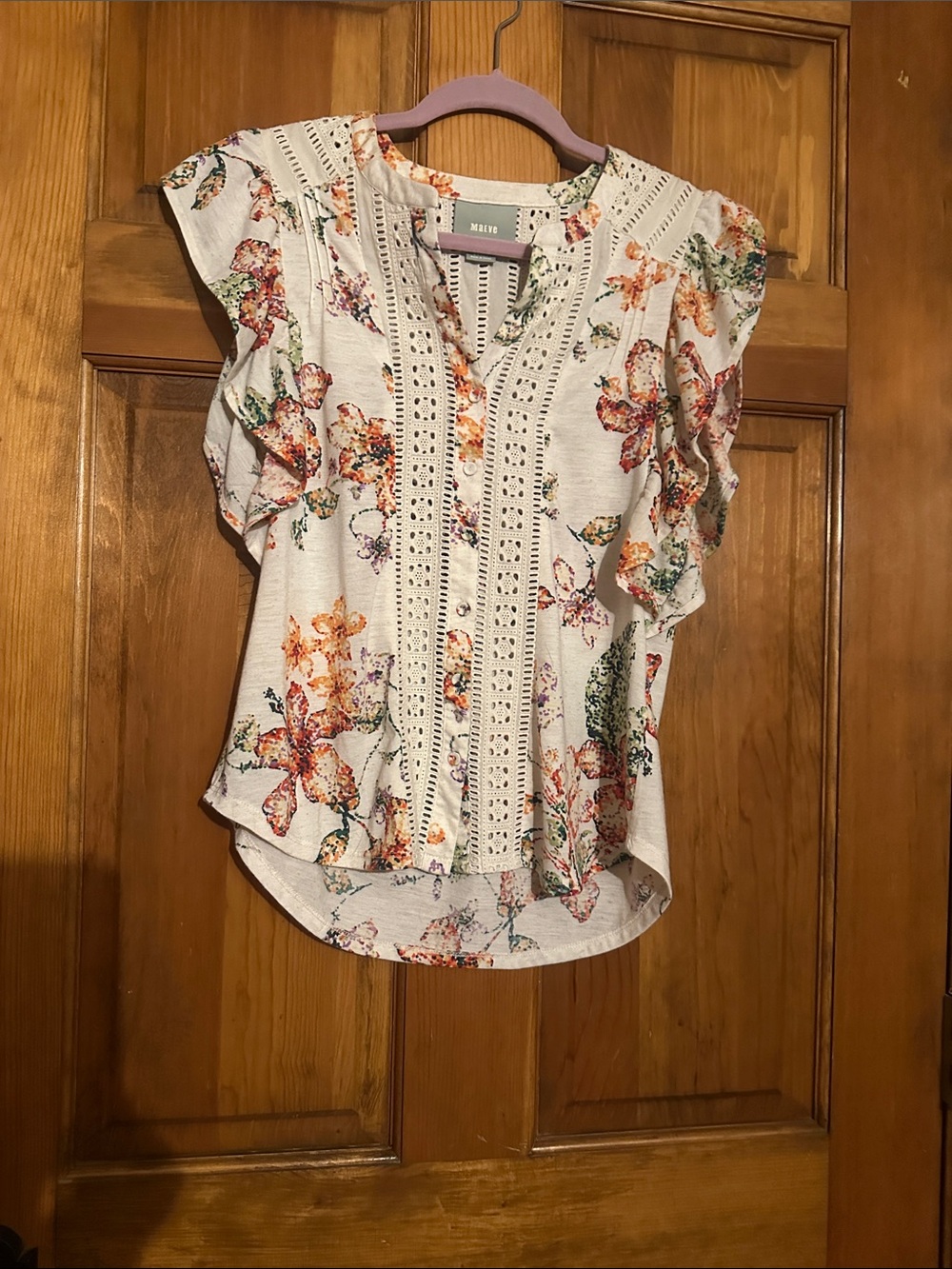 Maeve White Floral Crochet-Trim Flutter Sleeve Top
